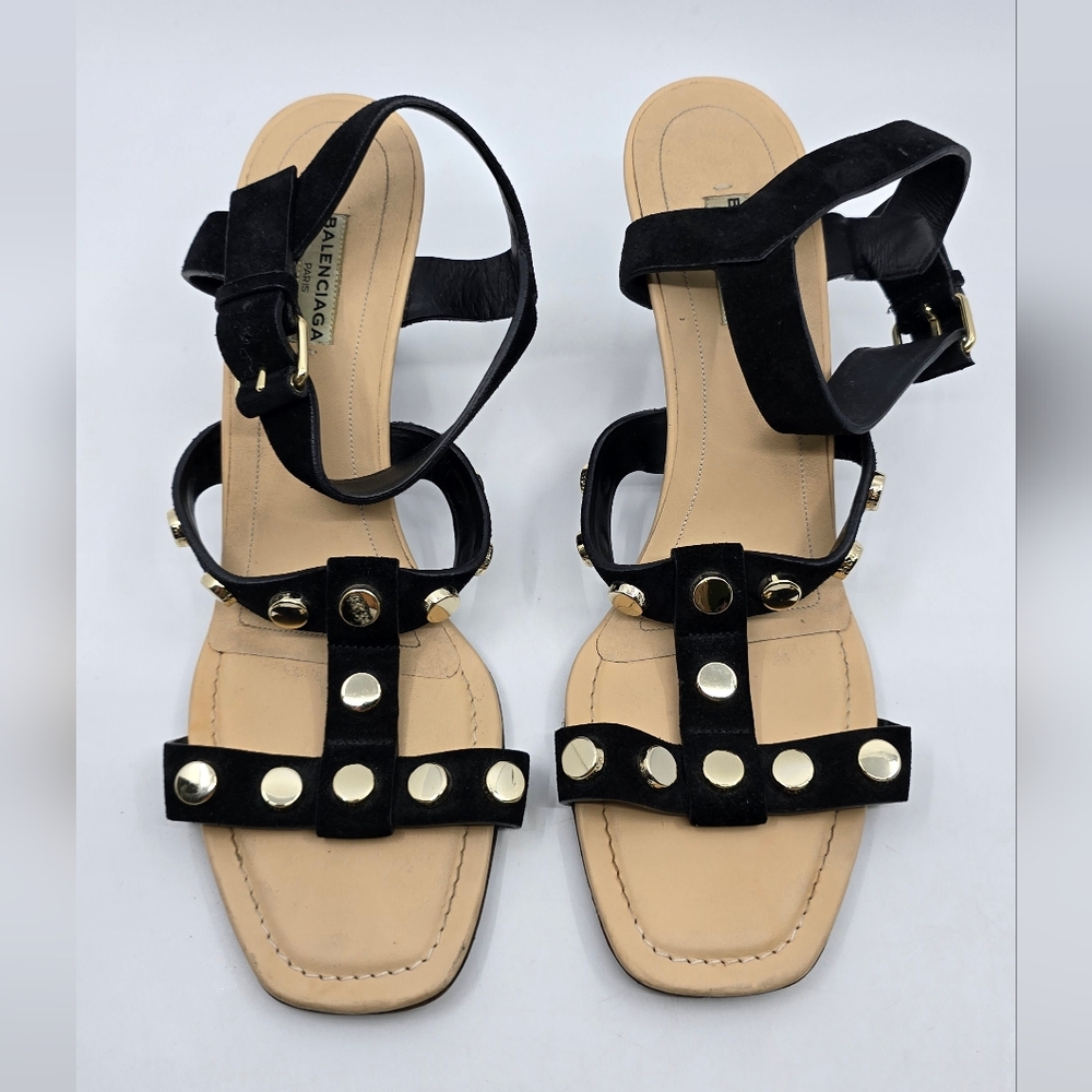 Balenciaga Leather Studded Accent T-Strap Sandals - Picture 2 of 16